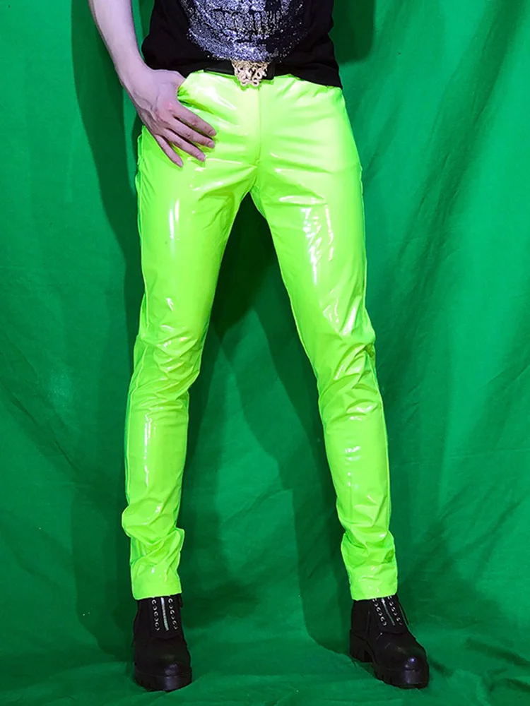 Aonga Spring Skinny Sexy Shiny Reflective Stretchy Black Patent Pu Leather Pants Men Y2K Streetwear Club Party Night Wear aonga