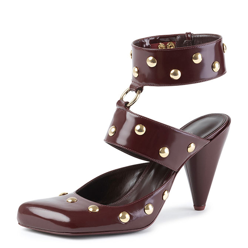 GOOSHOE Women Square Toe Metal Studs Sandals Spike Heels Ankle Strap Shoes Patent High-heeled Pumps
