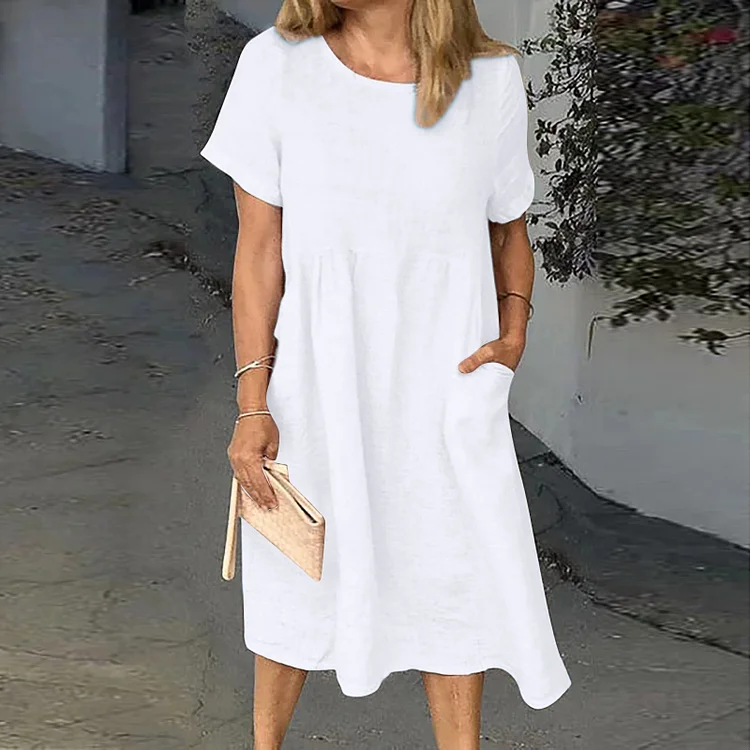 Vintage Plain Round Neck Pocket Short Sleeve Midi Dress