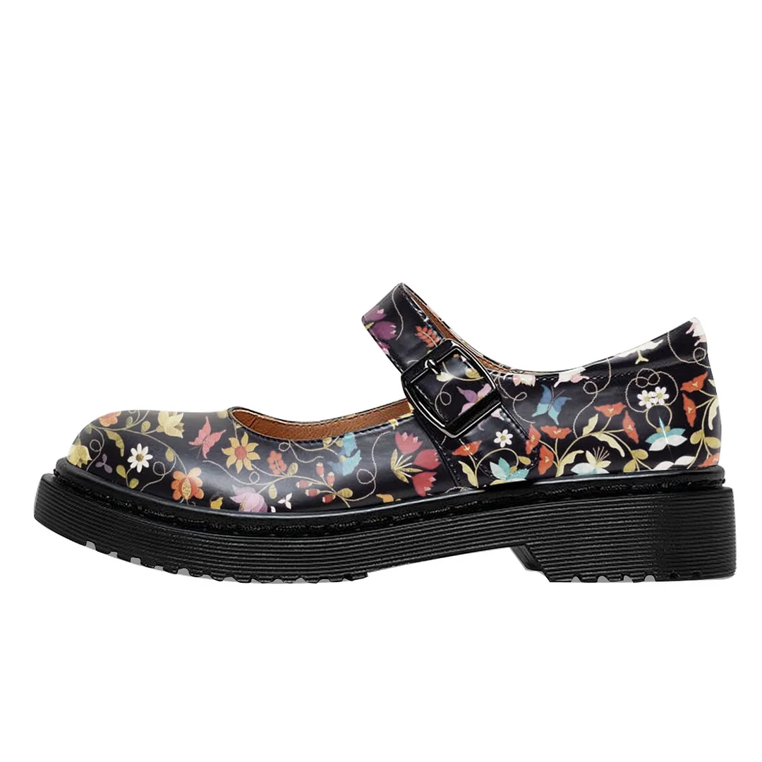 Colorful Floral Printed Vegan Leather Round Toe Black Mary Janes 