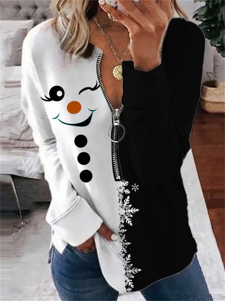 Christmas Cute Snowman Contrast Zip Sweatshirt