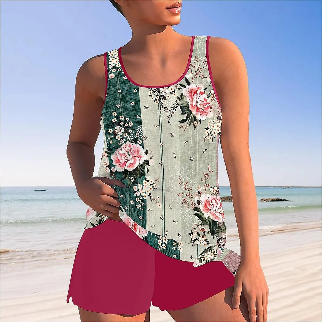 Bowknot Floral,Pink,Green,Stitch Mid Waisted Tankini Set - Plus Size Available