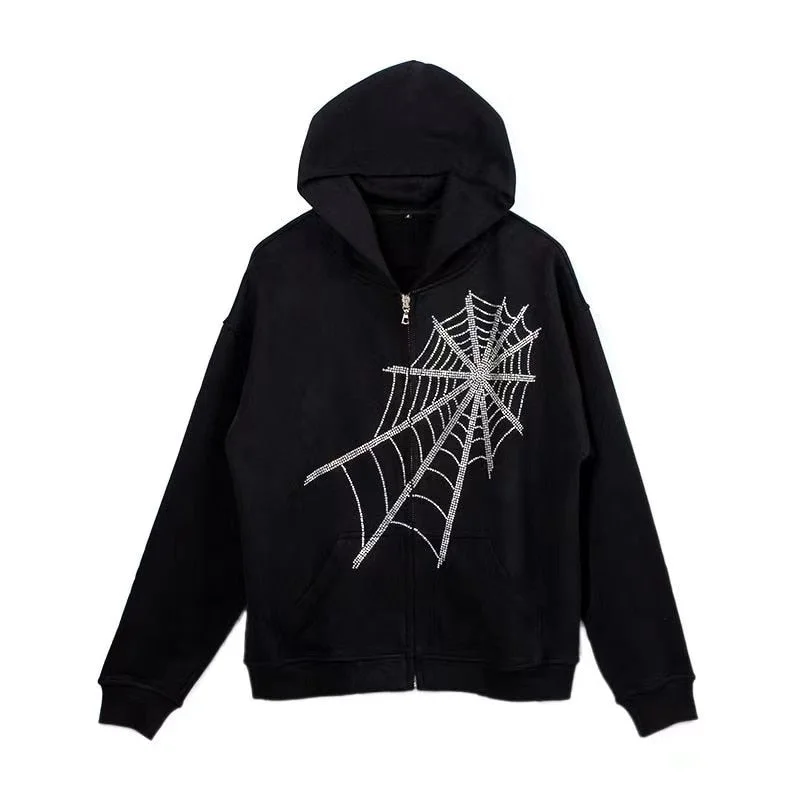 Gothic Punk Hooded Women Rhinestone Spider Web Rhinestone Zipper Hoodie Fairy Grunge Dark Academia Jacket Harajuku Sweatshirts