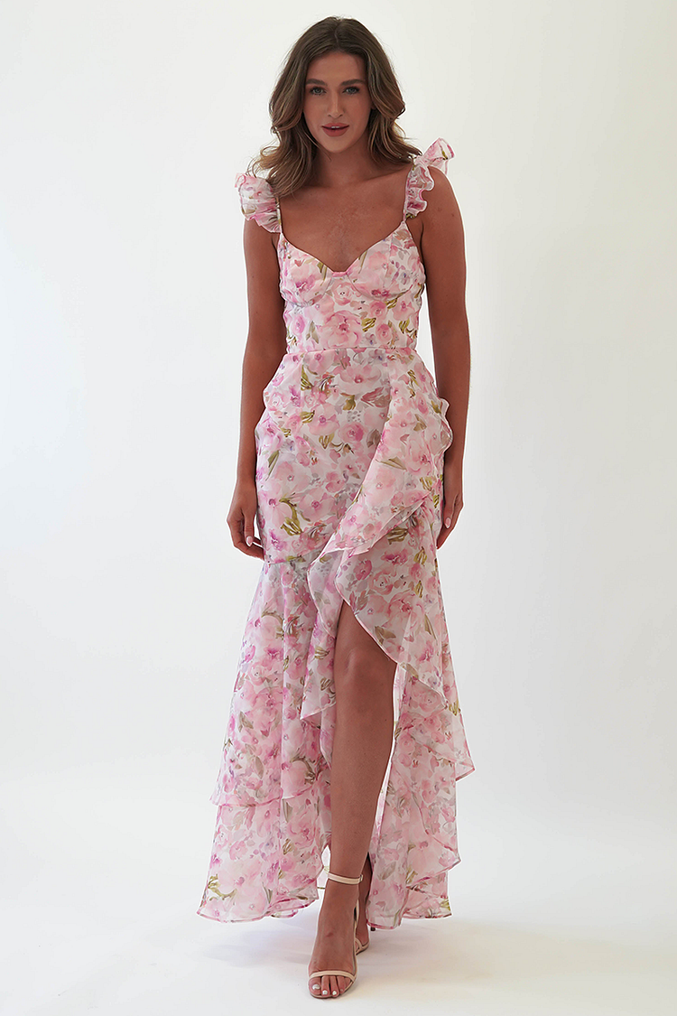 Floral Print Cami Asymmetrical Ruffled Slit Maxi Dresses-Pink [Pre Order]