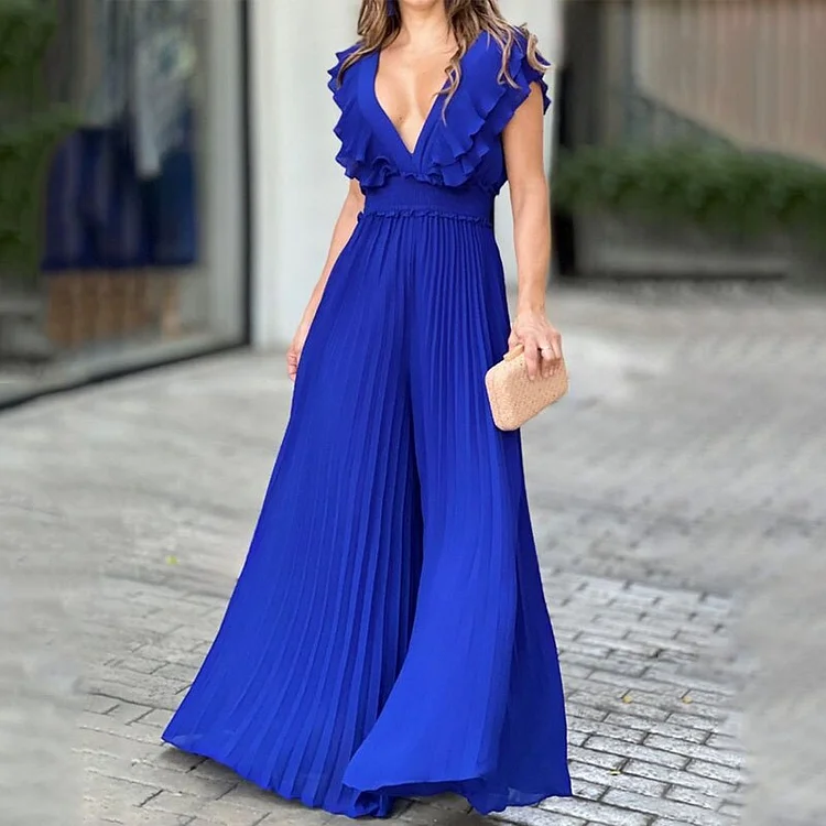 Women's Fashionable Casual Sexy V-neck Pleated Fungus Trim Maxi Dress