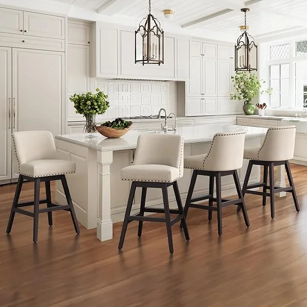 26 Inch Bar Stools Set of 4, Beige Swivel Counter Stools with Back, Linen Fabric Upholstered Barstools, Solid Wood Legs with Footrest, Modern Bar Stool for Kitchen Island, Dining Room, Pub 26 inch Beige 4
