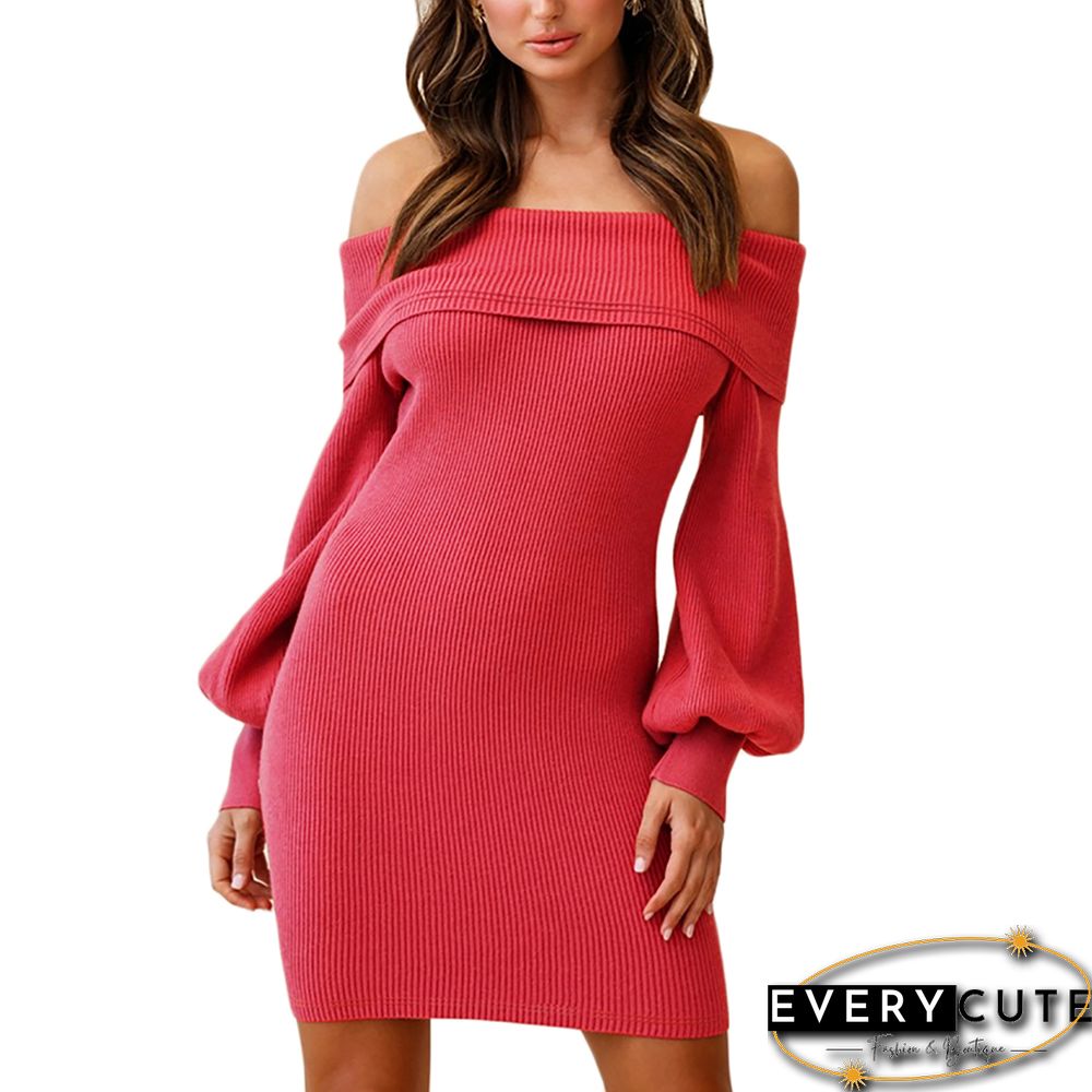 Watermelon Red Rib Lantern Sleeve Off Shoulder Mini Dress