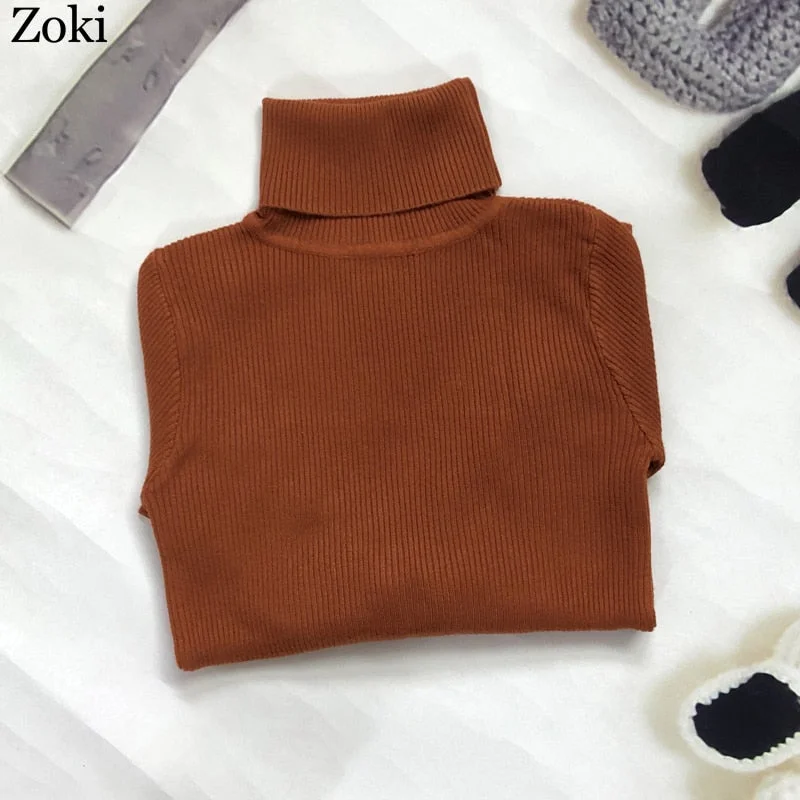 Zoki Soft Women Turtleneck Sweater Autumn Long Sleeve Elastic Female Knitted Jumper Casual Pullover Slim Winter Basic Tops 2021