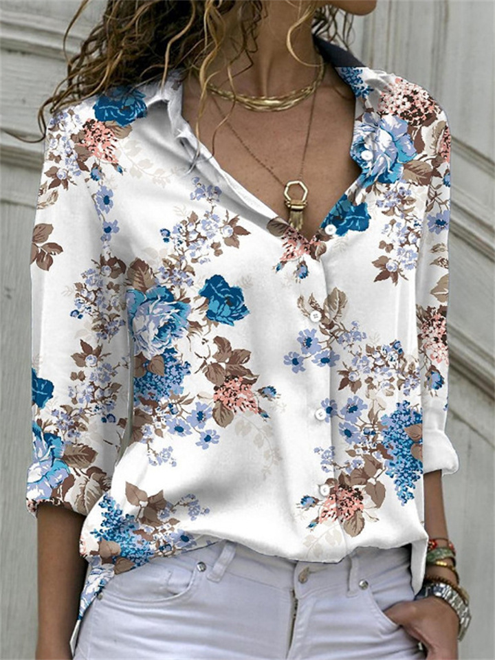 Spring and Summer Fashion Printing Women's Long-sleeved Loose Shirt Printed POLO Collar Shirt