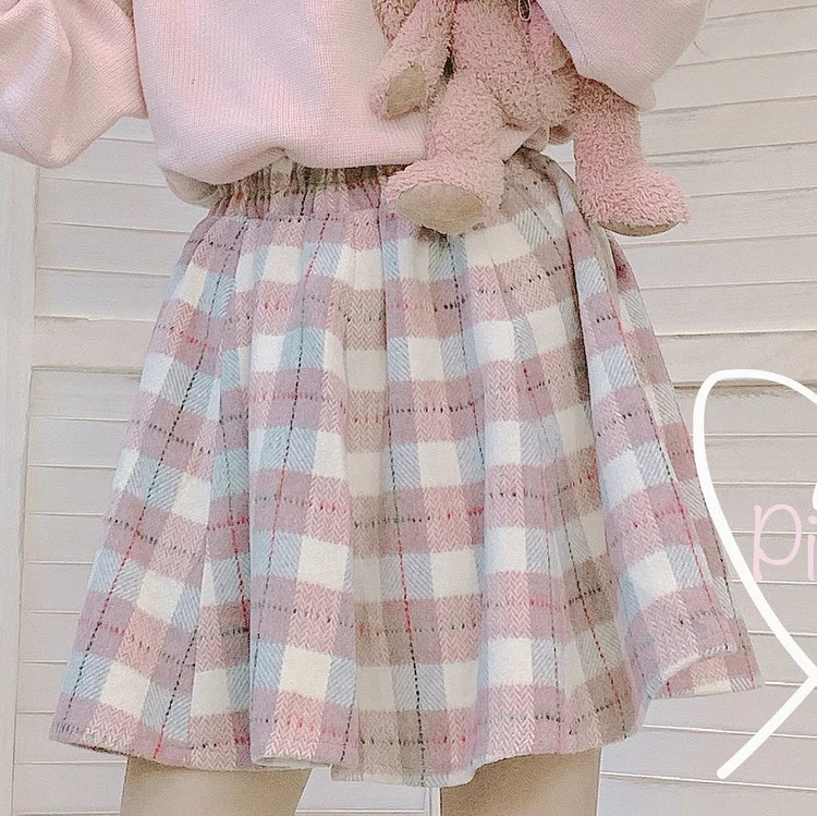 Kawaii Woolen Plaid A-Line Short Skirt