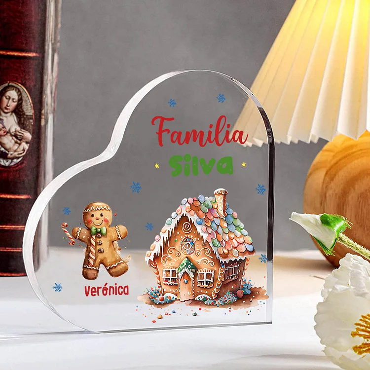 Navidad - Placa de acrílico en forma de corazón jengibres y su casa con 1 nombre y 1 texto personalizados