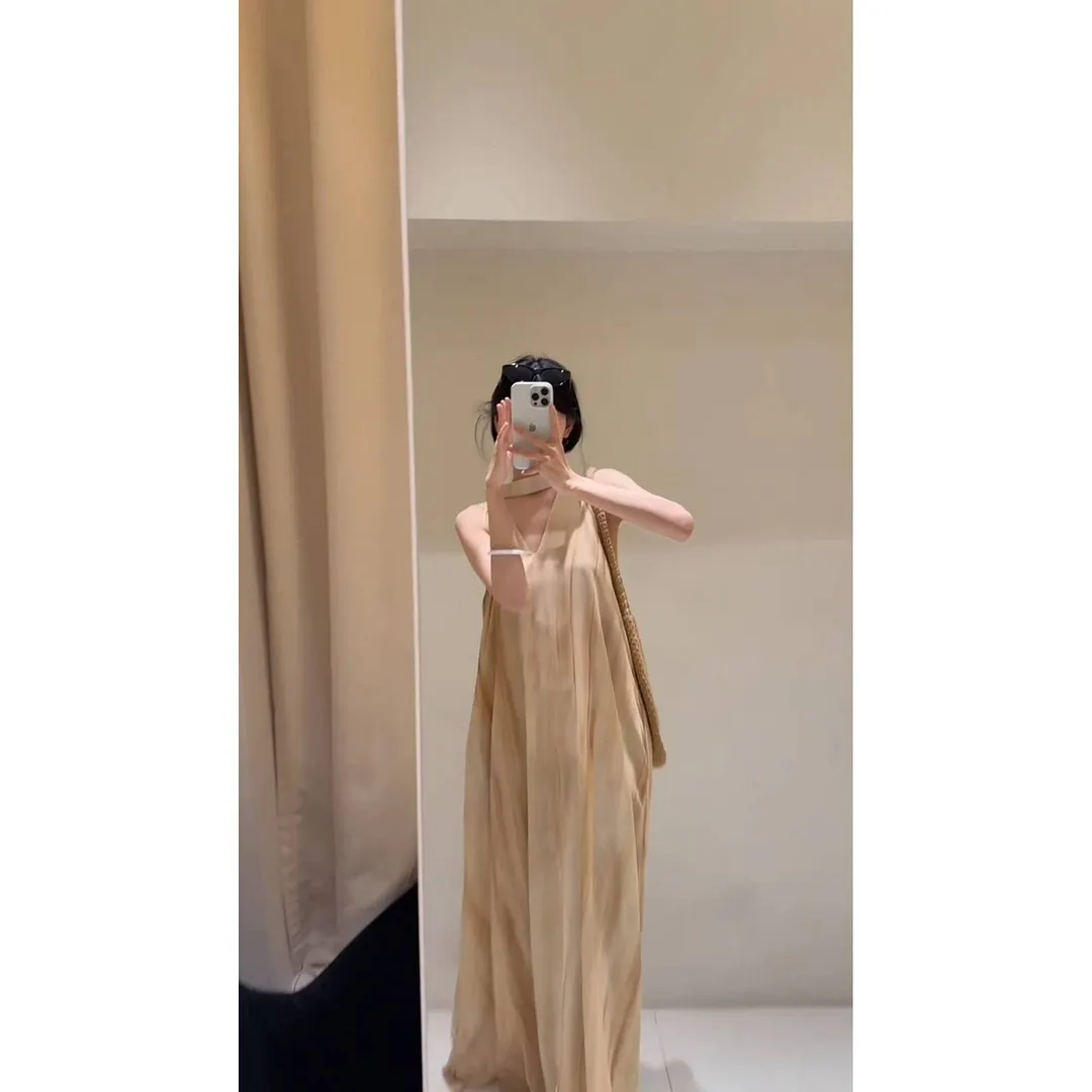 Churchf Churchf Vacation Fainting V-Neck Hanging Neck Dress Loose Belly Sleeveless Sleeve Sling Vest Long Dress