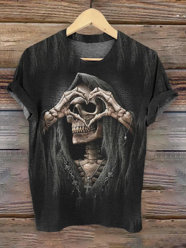 Punk Grim Reaper Gothic Skull Art Pattern Print T-shirt