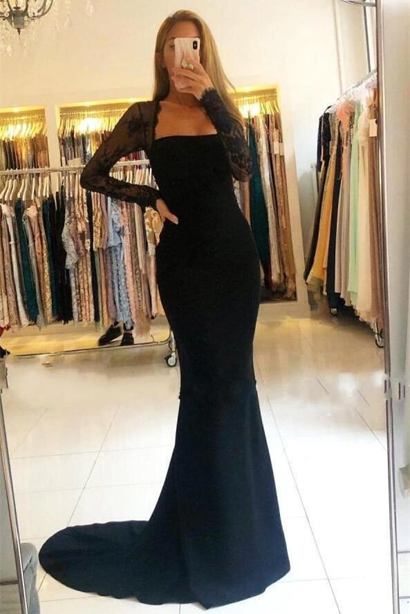 Black Long Sleeves Prom Dress Mermaid Lace | Ballbellas Ballbellas