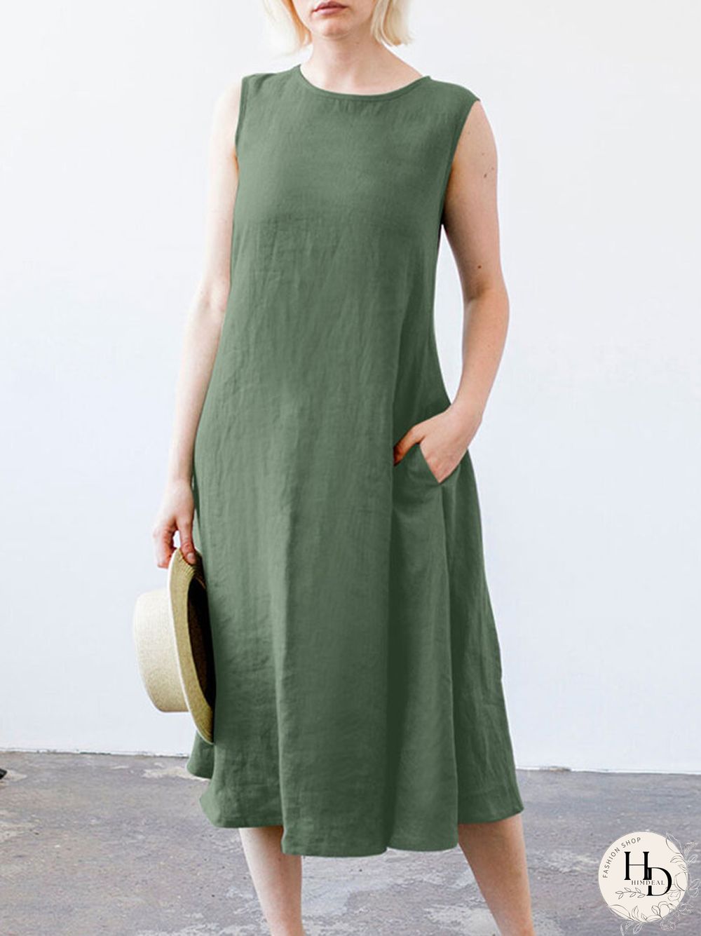 Solid Sleeveless Pocket Crew Neck Dress with Belt