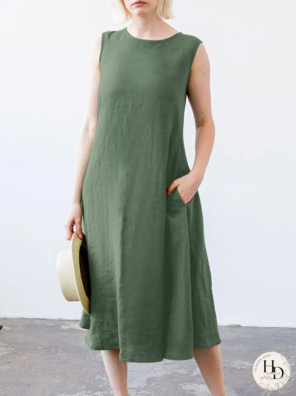 Solid Sleeveless Pocket Crew Neck Dress with Belt