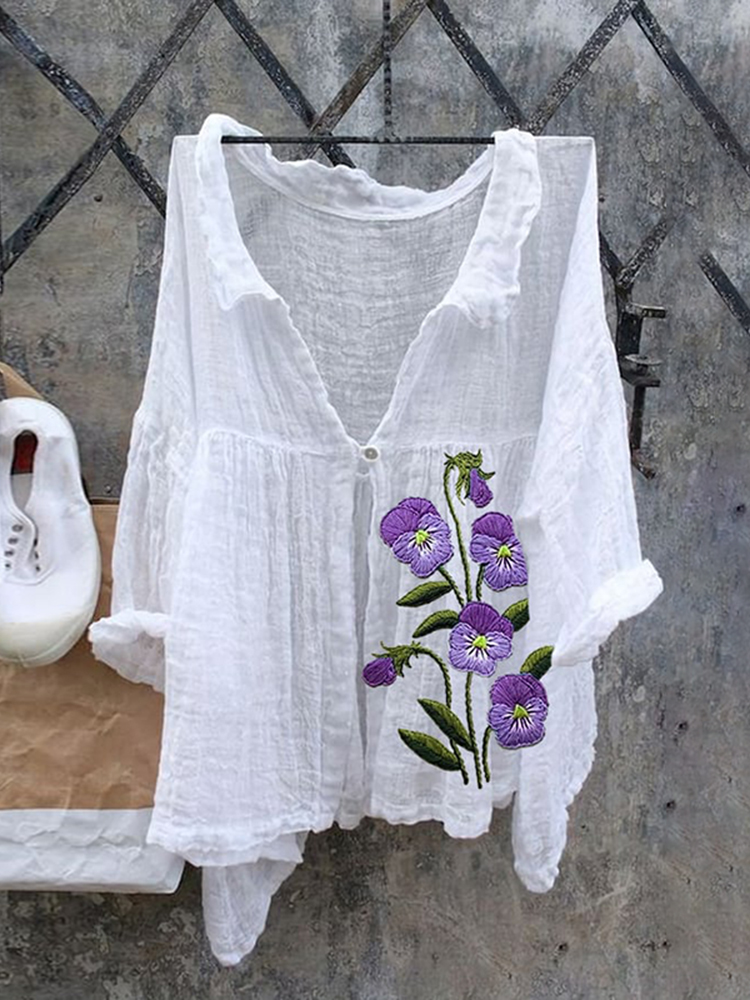 Comstylish Women's Purple Flower Print Ladies Casual Cotton Linen Shirt