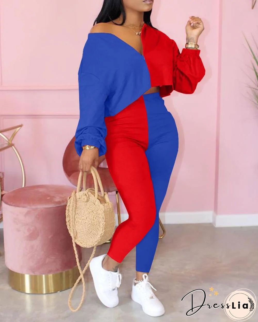 Colorblock V-neck Crop Top & High Waist Pants Set
