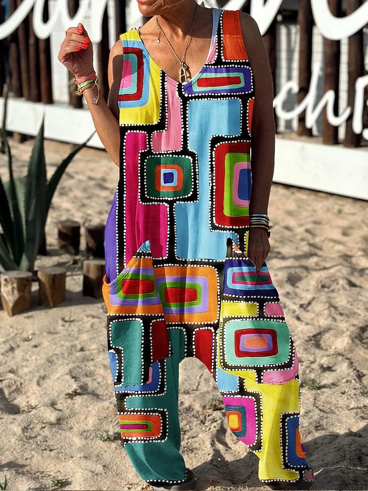 Retro Abstract Pattern Hippie Art Print Casual 100% Cotton Wide Leg Jumpsuit