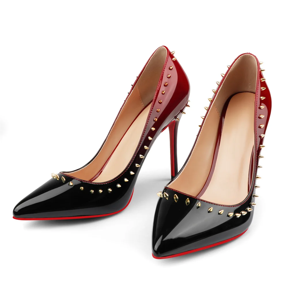 100mm Women's Red Bottom Pointed Toe Rivet Gradient High Heels Party Daily Wedding Patent Pumps-MERUMOTE