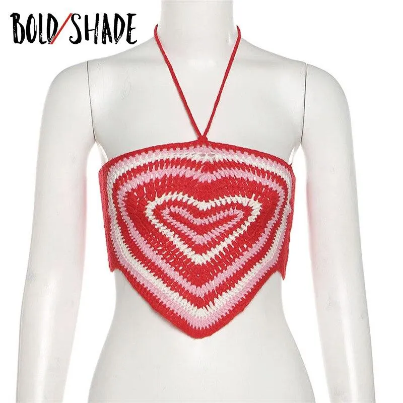 Bold Shade Indie Aesthetic Green Bandana&nbsp;Tops Knit Harajuku Heart Pattern Sexy Halter Camisole Cute Lace Up Backless Cropped Top