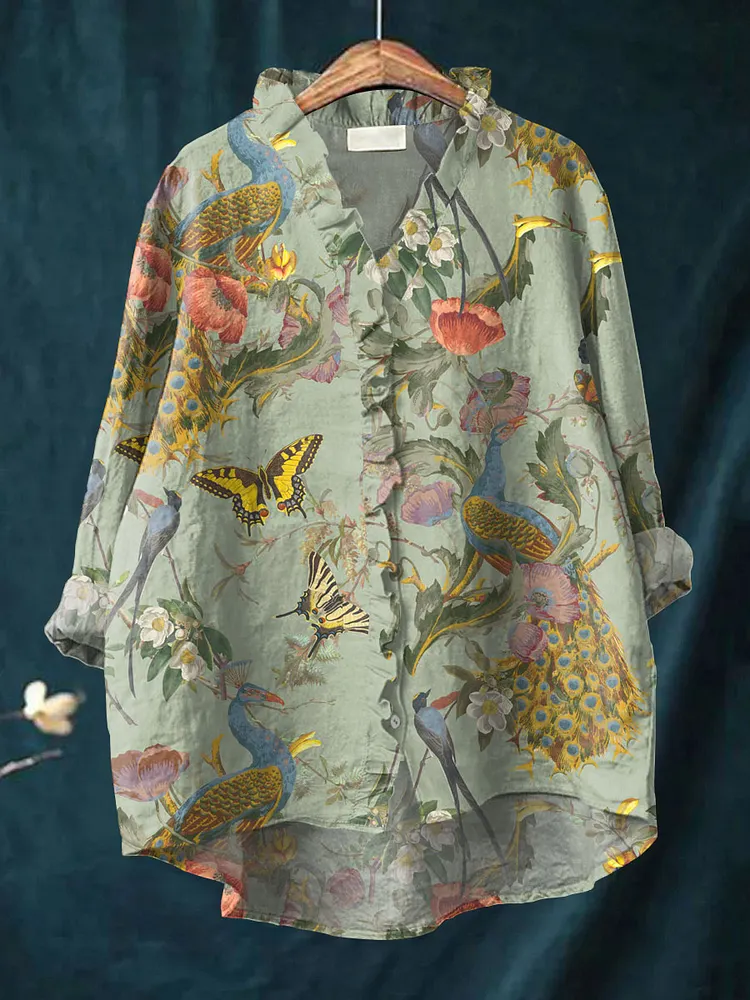 Women's Vintage Floral Art Print Casual Cotton And Linen Ruffle Shirt