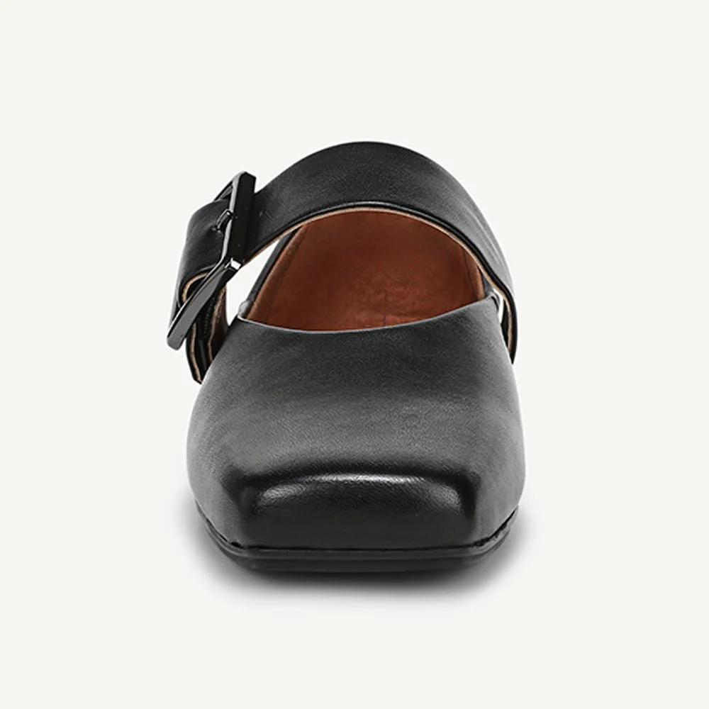 Classic Black Closed Square Toe Flat Mary Jane Shoes with Buckle