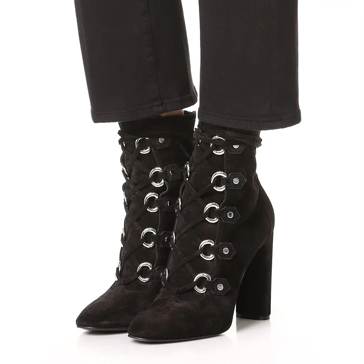 Black Vegan Suede Round Toe Chunky Heel Boots Lace Up Ankle Boots |FSJ Shoes