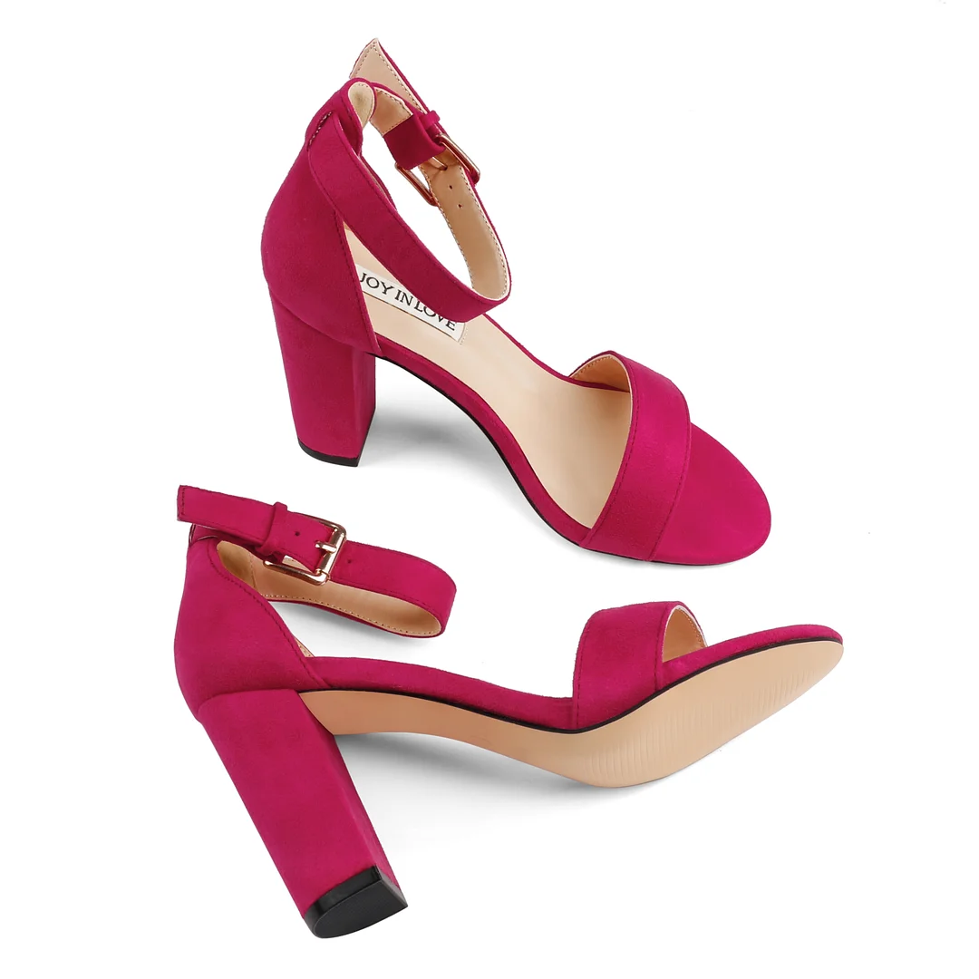 90mm Women's Ankle Strap Pumps Block Heel Suede Sandals Summer Shoes-MERUMOTE