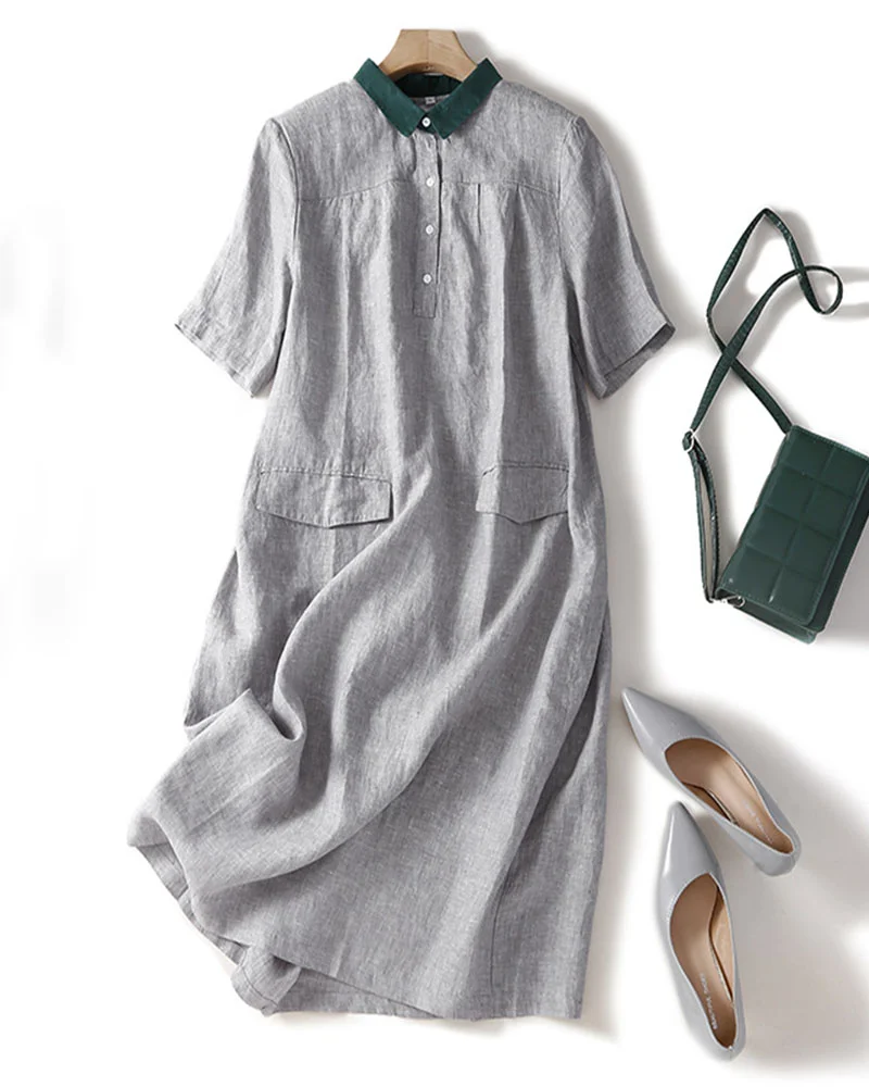 Retro Contrast Color Cotton Linen Dress