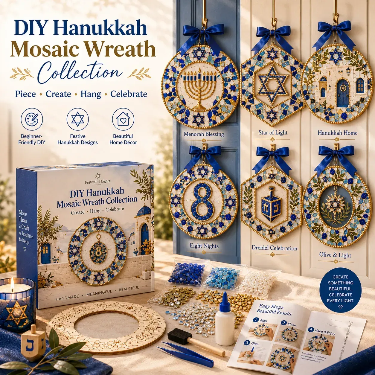 Six Hanukkah mosaic wreath designs