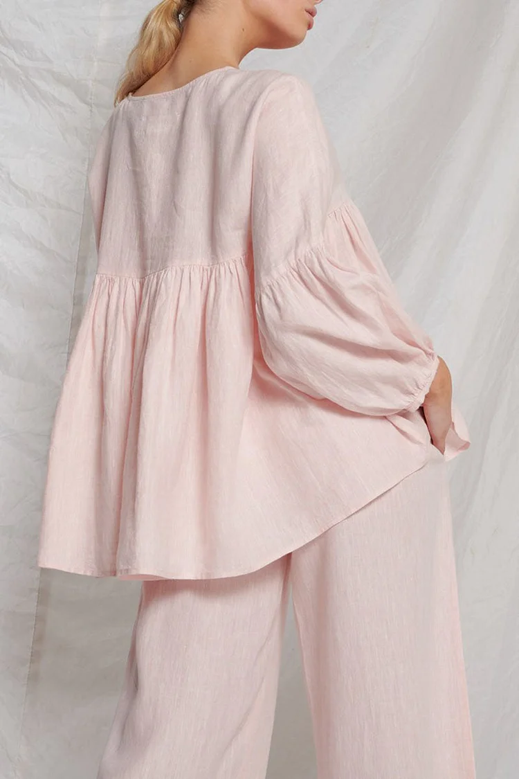 Frill Stitching V Neck Lantern Sleeve Linen Pink Top