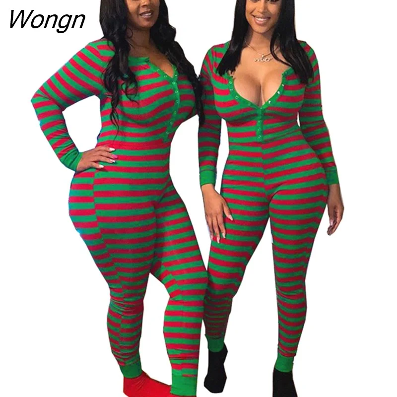 Wongn Winter Woman Striped Bodycon Romper Jumpsuits Christmas Home Pajamas One-Piece Women Xmas Nightwear Jumpsuit Sleepwear