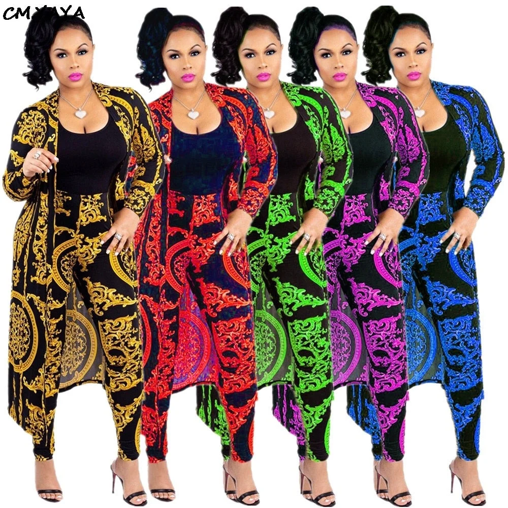 Women's tracksuit fashion sexy long sleeve X-long national print trench coat skinny leggings 2 piece sets suits outfits X9041
