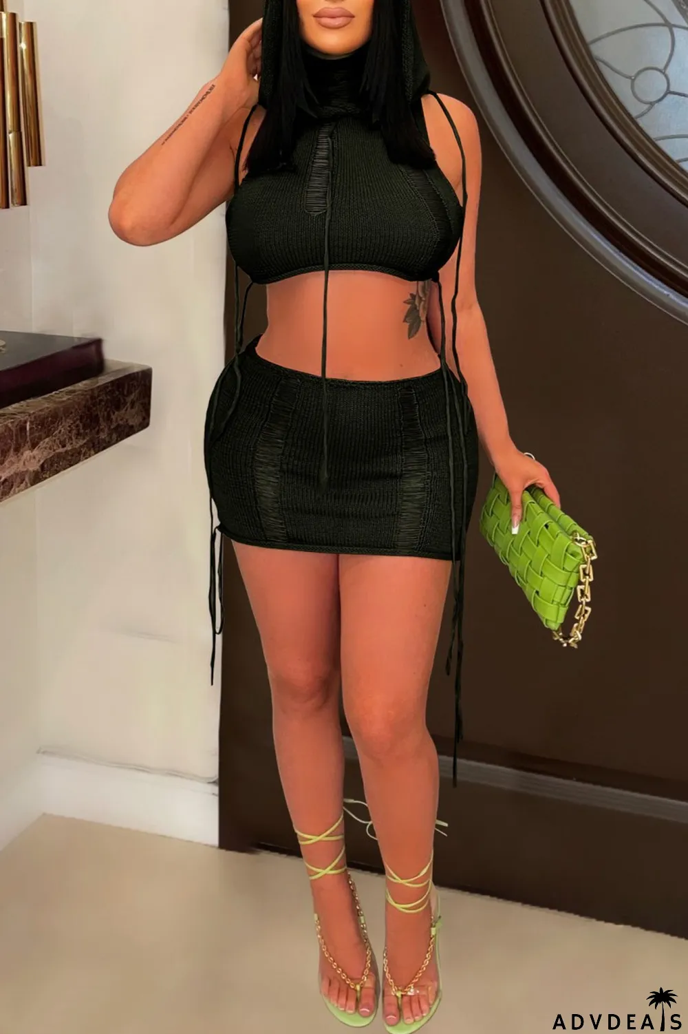 Green Sexy Casual Solid Hollowed Out Hooded Collar Sleeveless Two Pieces