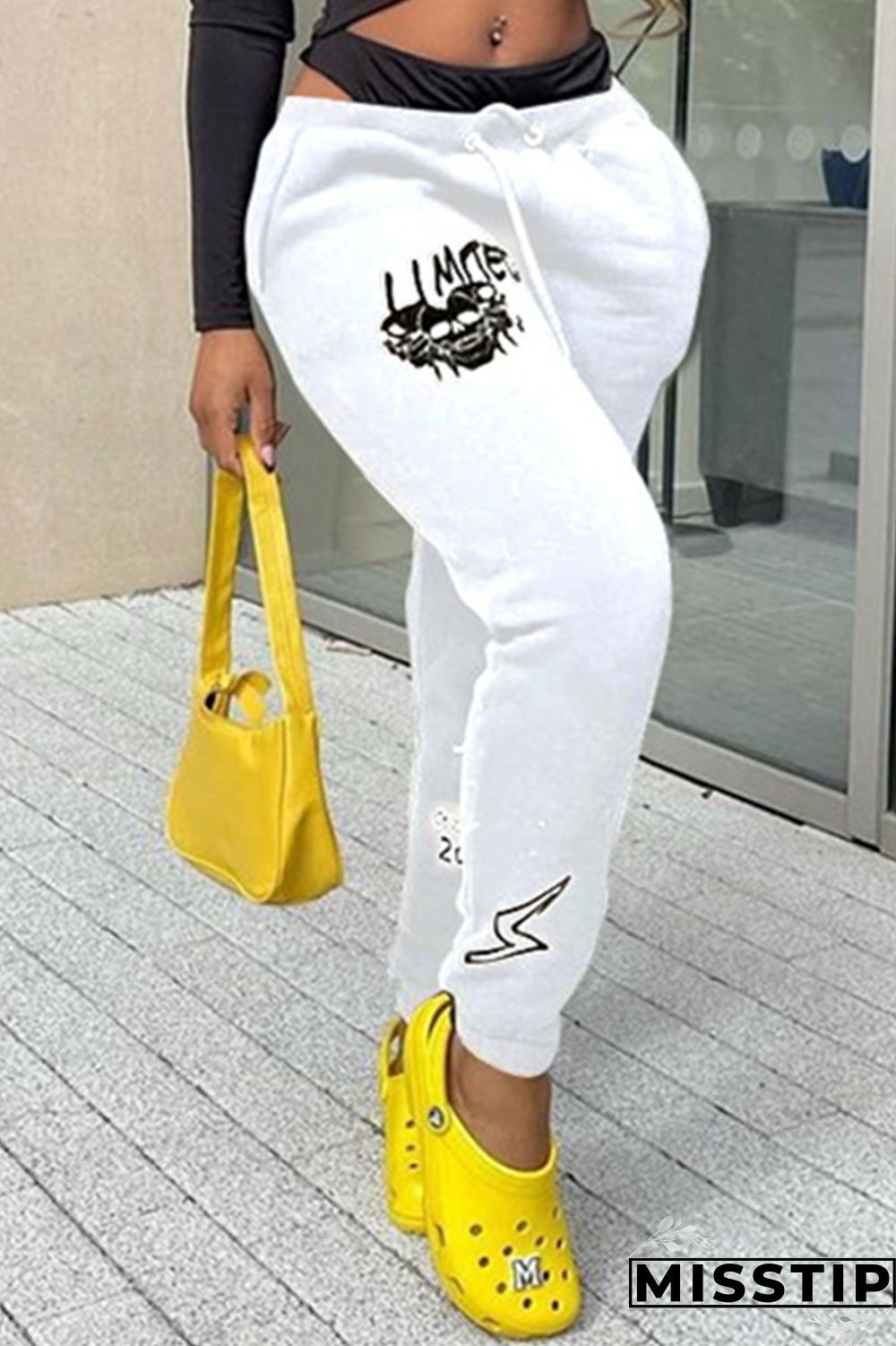 White Fashion Casual Print Basic Regular Mid Waist Trousers