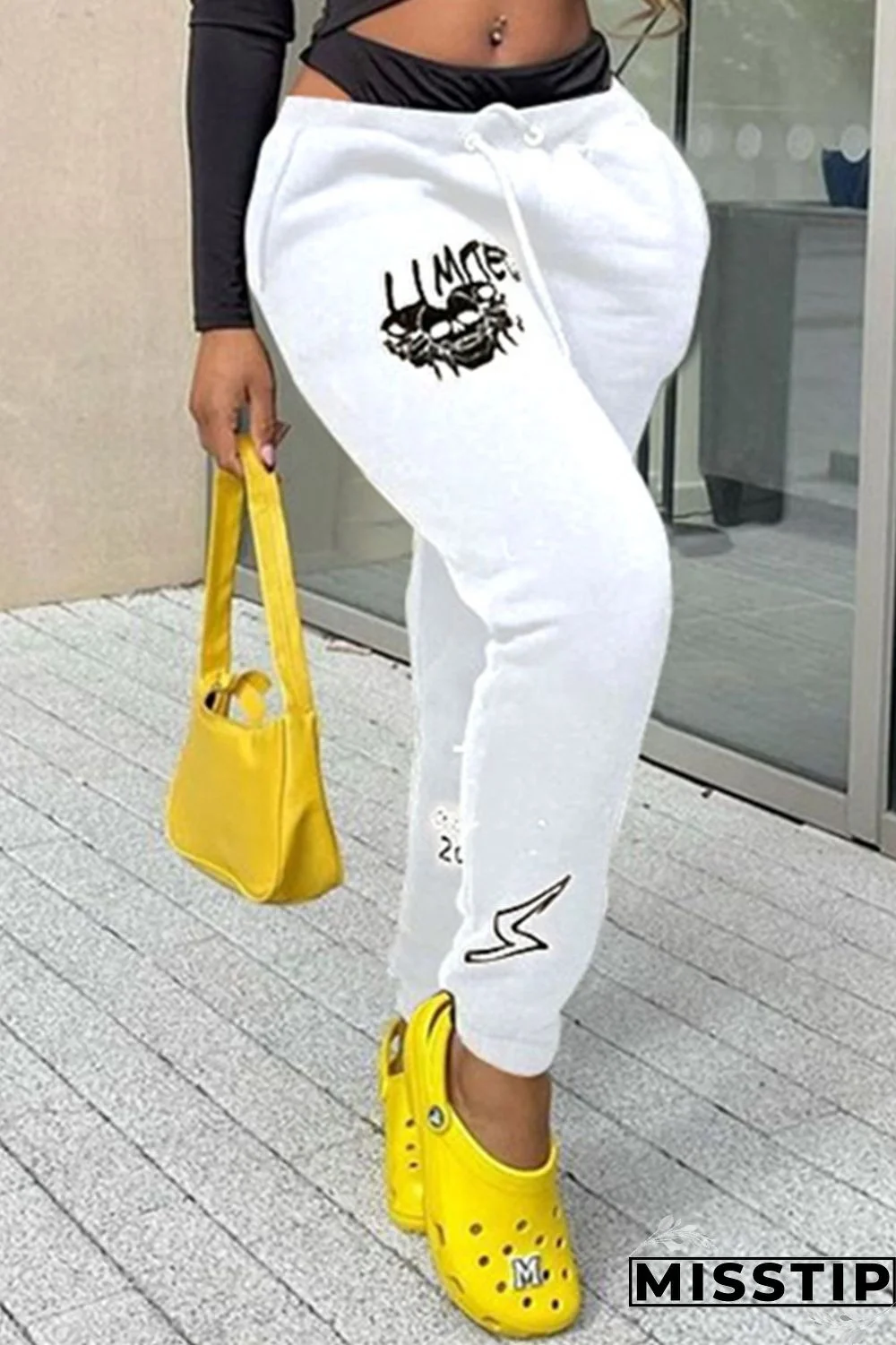 White Fashion Casual Print Basic Regular Mid Waist Trousers
