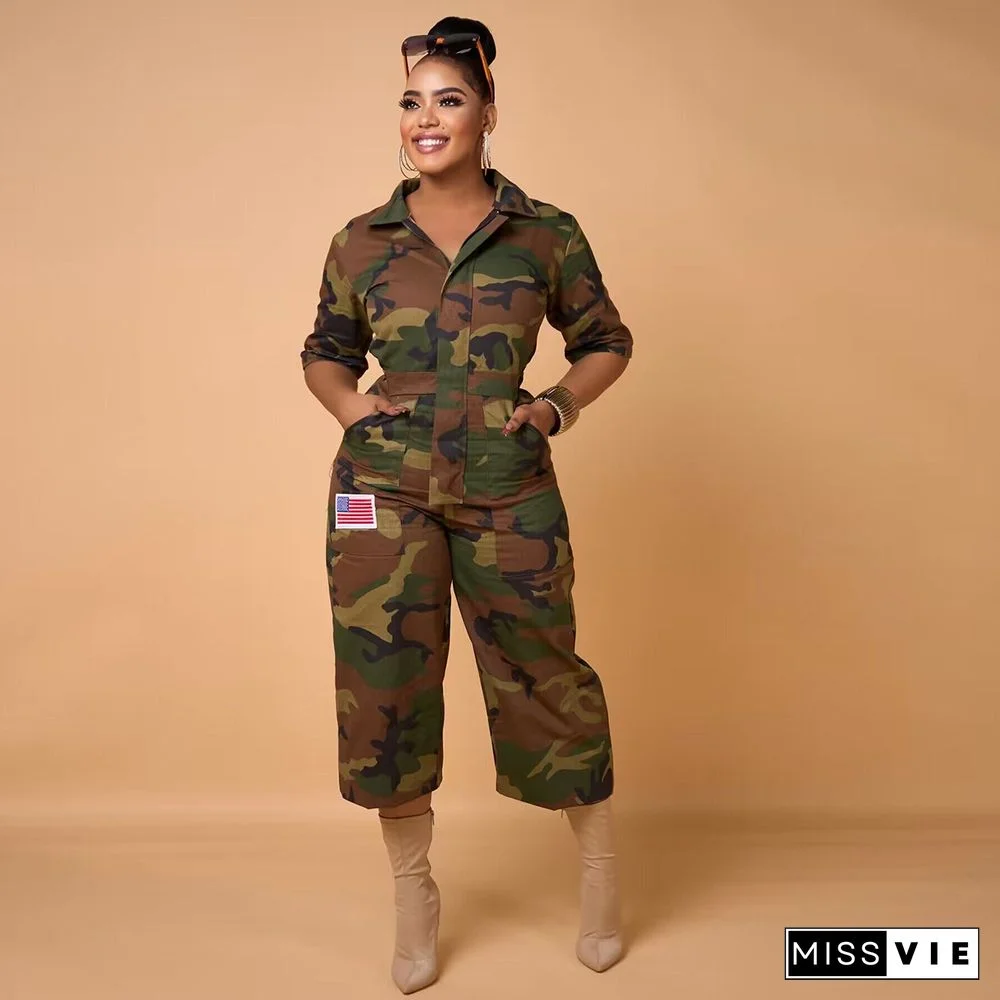 Camo Print Half Sleeve High Waist Street Jumpsuit