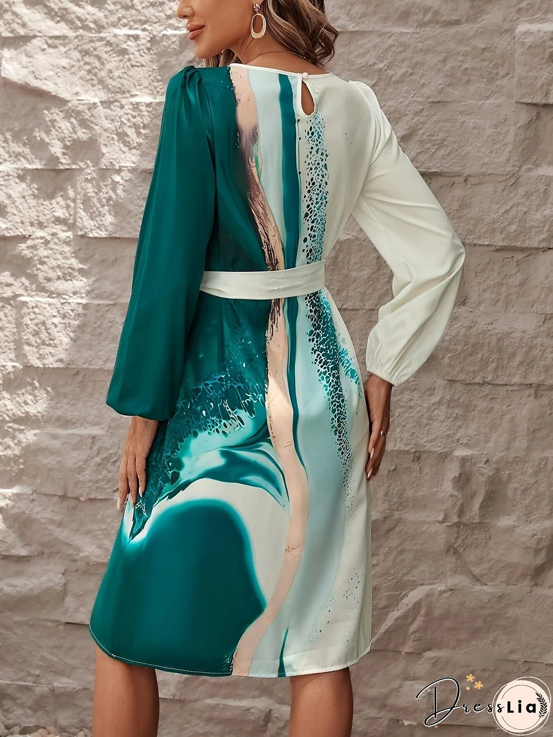 Color Block Belted Dress, Elegant Long Sleeve Dress For Spring & Fall, Women's Clothing