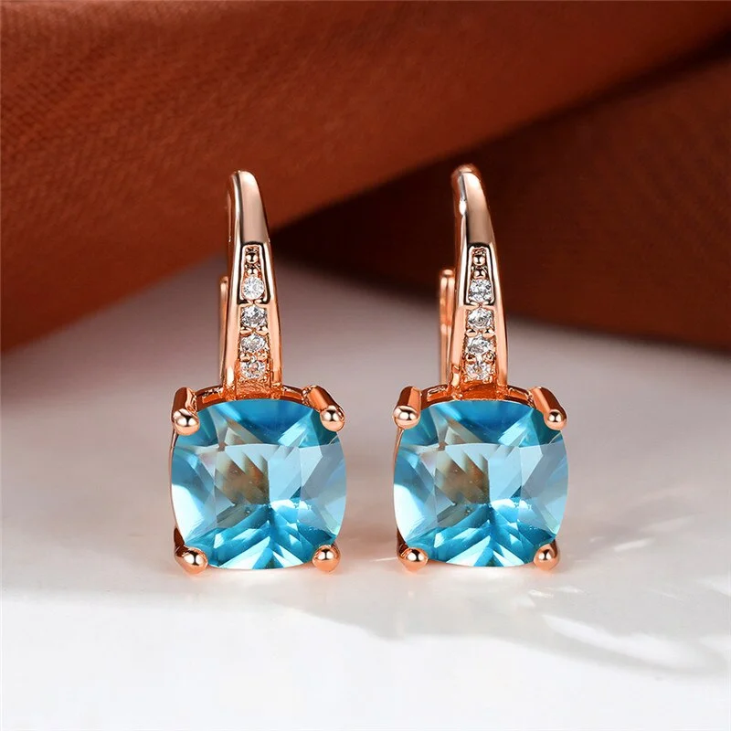 Cute Female Blue Zircon Stone Earrings Rose Gold Color Clip Earrings For Women Charm Crystal Rainbow Wedding Earrings