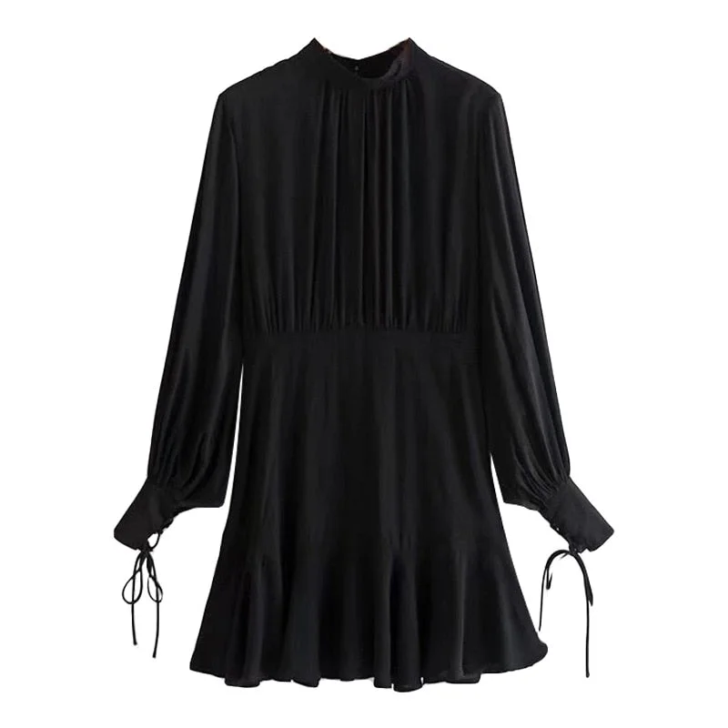 TRAF Women Fashion With Tied Ruffled Mini Dress Vintage Stand Collar Long Sleeve Female Dresses Vestidos Mujer