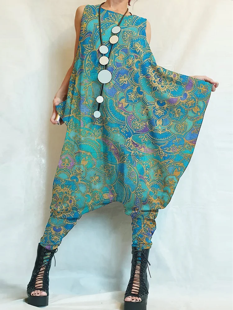 UR Casual Ethnic Print Sleeveless Loose Asymmetrical Harem Jumpsuit