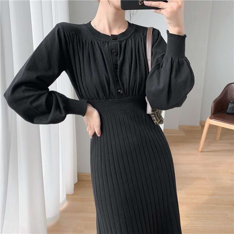 Fashion Solid Color Elegant High Waist Mid Length Warm A-Line Sweater Dress