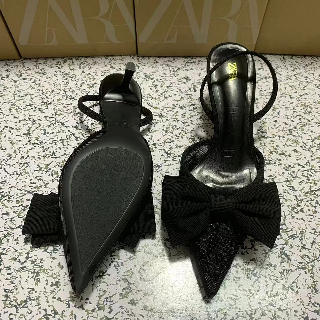 Breakj Breakj Home 2025 New Women's Shoes Low Heel High Heels High-Heeled Shoes Back Mouth Studded Single Shoes Black Bow