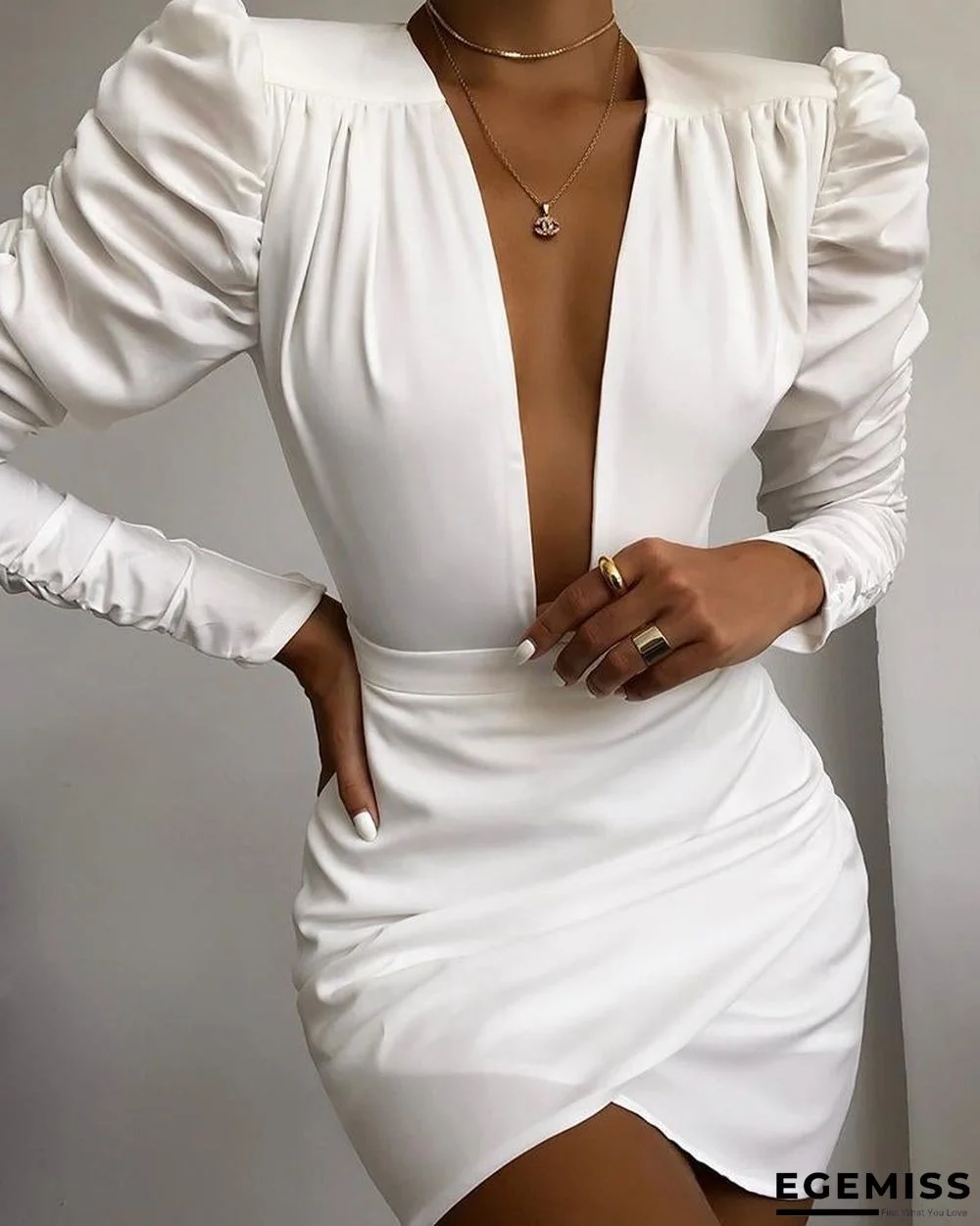 Solid Puff Sleeve Ruched Bodycon Dress White Dresses | EGEMISS