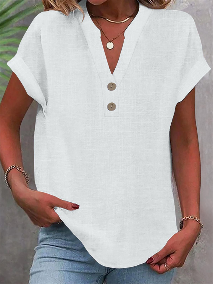 Summer Solid-Color Stand-Up Collar Button-Down Short-Sleeve Women's Shirt-JRSEE