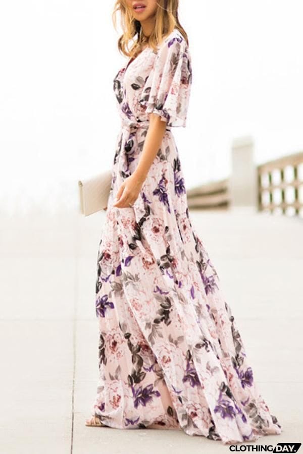 Sexy Short Sleeves Floral Print Vacation Maxi Dress