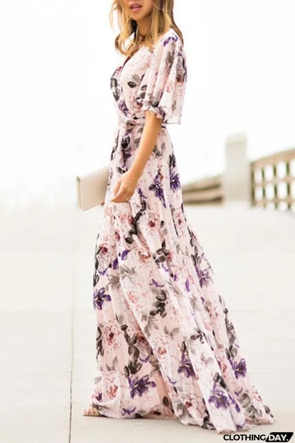 Sexy Short Sleeves Floral Print Vacation Maxi Dress