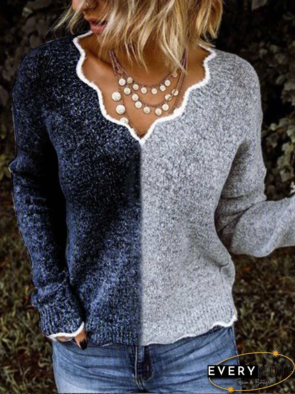 Gray Wool Blend Casual V Neck Sweater