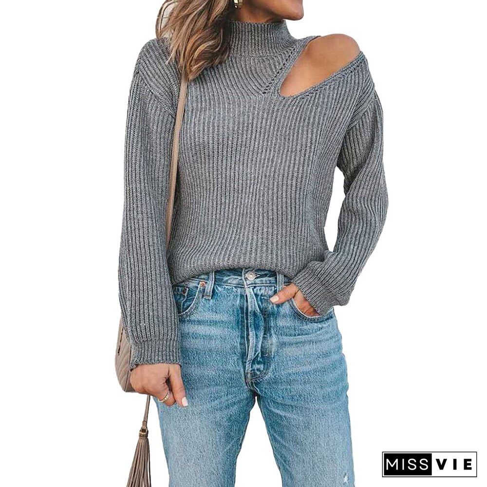 Women Autumn Half High Collar Solid Pullover Elegant Long Sleeve Dropped Shoulder Sleeve Office Lady Hollow Chic Knit Sweater